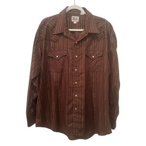 Ely Cattleman Brown Gold Shimmery Striped Shirt Pearl Snaps Western Rodeo Sz XL